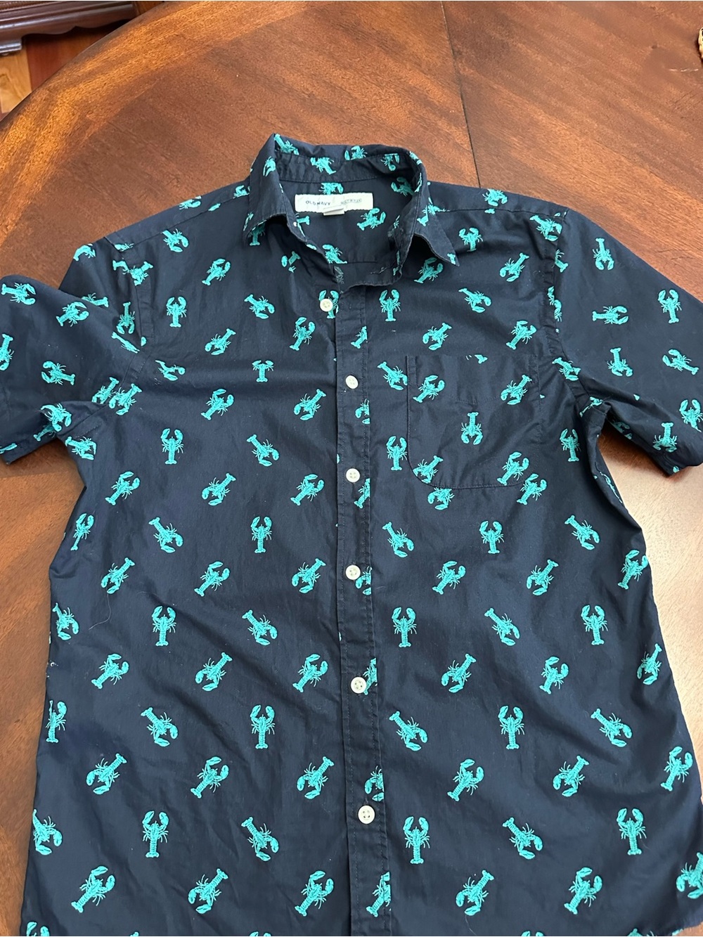 Navy Blue Teal Lobster Print Camp Beach Coastal Boating Button Shirt